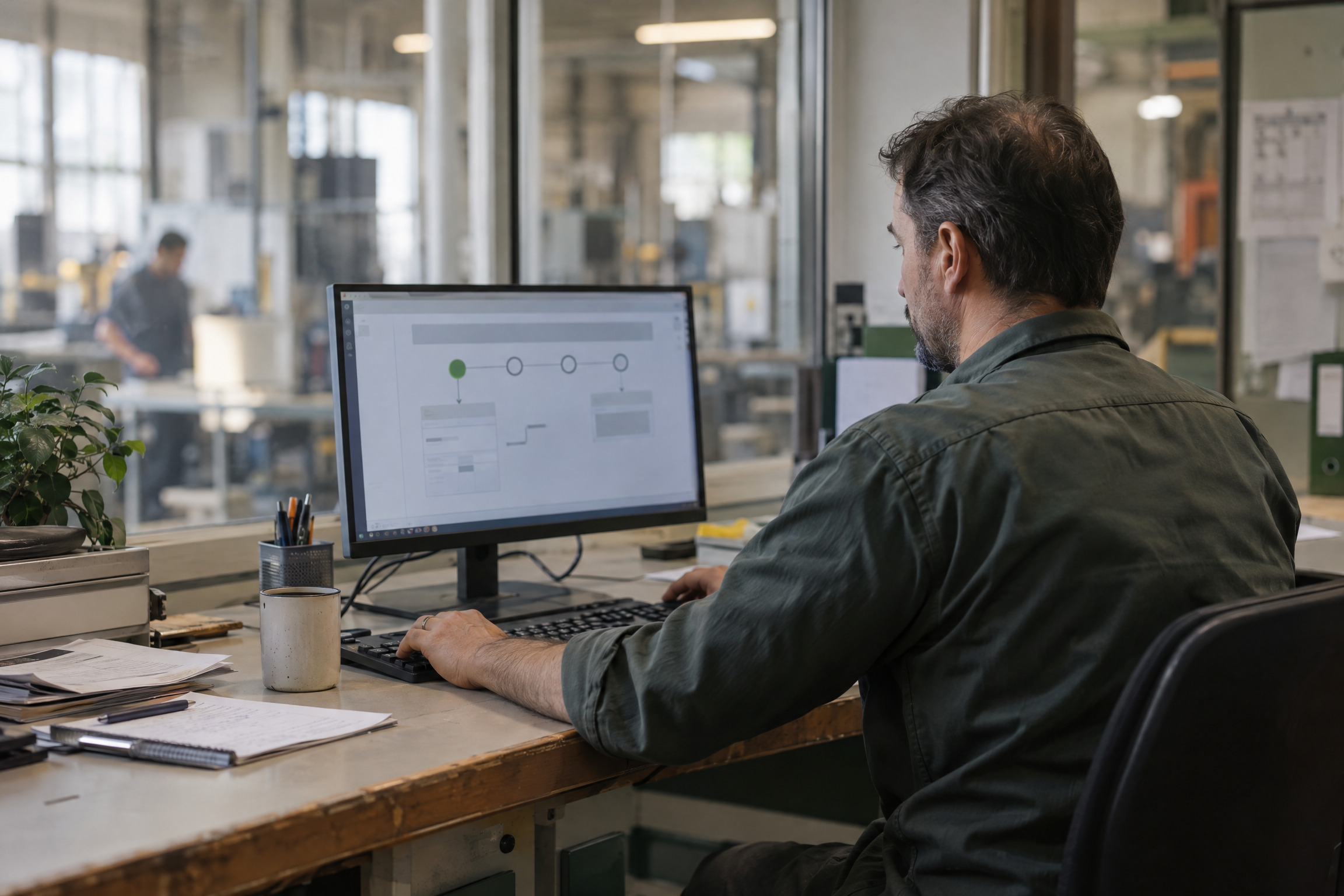 An operations professional reviewing a workflow on a desktop computer in a factory office.